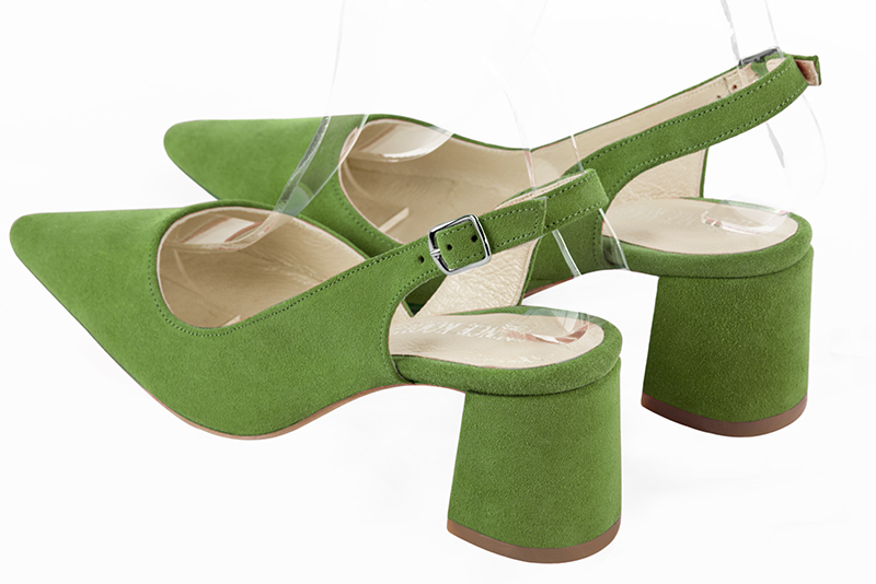 Grass green women's slingback shoes. Pointed toe. Medium flare heels. Rear view - Florence KOOIJMAN